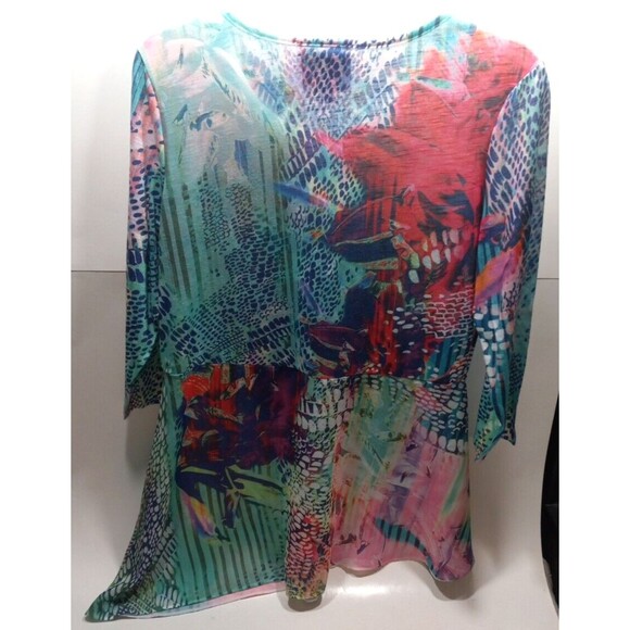 French Blue Blouse Small Colorful Boho Metallic Sheer 3/4 Sleeve Asymmetrical - Picture 9 of 9